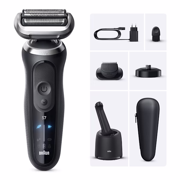 Immagine del rasoio Series 7 N4200cs con base di ricarica e un accessorio rifinitore di precisione. Immagine del rasoio Series 7 N4200cs con base di ricarica e un accessorio rifinitore di precisione.
