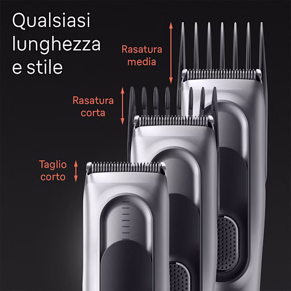 Testina tagliacapelli con 2 pettini diversi e senza pettine, frecce che indicano le lunghezze Testina tagliacapelli con 2 pettini diversi e senza pettine, frecce che indicano le lunghezze