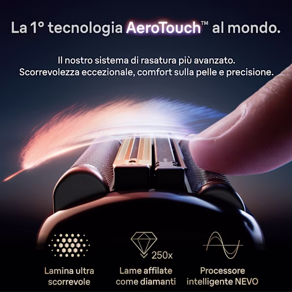 Dito che tocca la testina del rasoio Braun NEVO, mostrando la tecnologia AeroTouch e altri vantaggi. Dito che tocca la testina del rasoio Braun NEVO, mostrando la tecnologia AeroTouch e altri vantaggi.