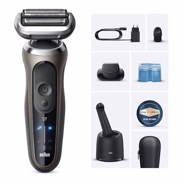 l'immagine mostra il Braun Kit: Rasoio elettrico Series 7 + mini crema King C. Gillette l'immagine mostra il Braun Kit: Rasoio elettrico Series 7 + mini crema King C. Gillette