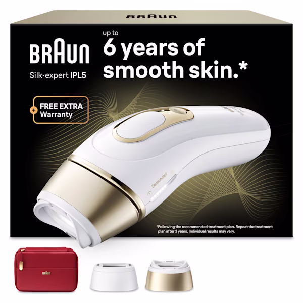 Braun Silk·expert Pro 5 with red pouch, Intimate head and SmartFlex head, Venus razor, and packaging front view behind rendering on white background. Braun Silk·expert Pro 5 with red pouch, Intimate head and SmartFlex head, Venus razor, and packaging front view behind rendering on white background.