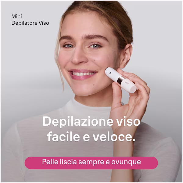 Una donna che utilizza il Braun Mini Hair Remover sulla guancia per una depilazione dei peli del viso rapida e semplice. Una donna che utilizza il Braun Mini Hair Remover sulla guancia per una depilazione dei peli del viso rapida e semplice.