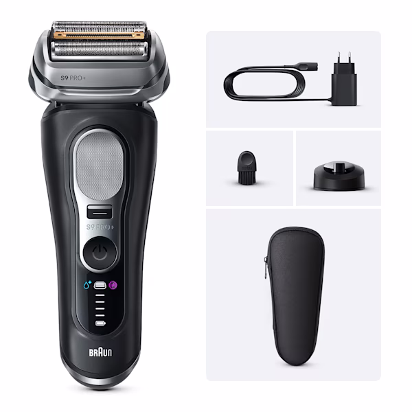 Rasoio Braun Series 9 PRO+ 9610si con custodia da viaggio e base di ricarica. Rasoio Braun Series 9 PRO+ 9610si con custodia da viaggio e base di ricarica.
