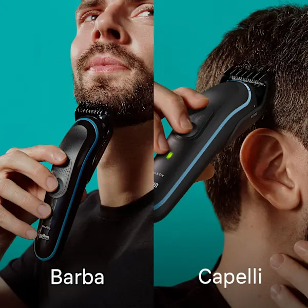 Uomo che utilizza il prodotto sul mento. Uomo che utilizza il prodotto sui capelli.