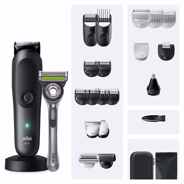 Braun Series 9 kit elettrico da toelettatura 23-in-1 con trimmer, rasoio Gillette, multiple testine intercambiabili e custodia da viaggio. Braun Series 9 kit elettrico da toelettatura 23-in-1 con trimmer, rasoio Gillette, multiple testine intercambiabili e custodia da viaggio.