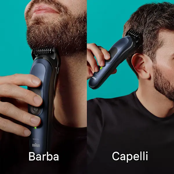 Uomo che utilizza il prodotto sul mento. Uomo che utilizza il prodotto sui capelli.