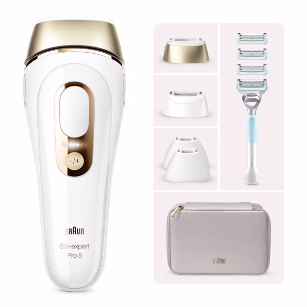 Dispositivo IPL centrato, con custodia grigia, quattro accessori e rasoio Venus Satin Care con tre lame extra. Dispositivo IPL centrato, con custodia grigia, quattro accessori e rasoio Venus Satin Care con tre lame extra.