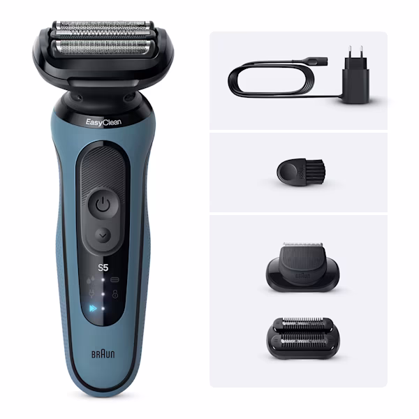 Immagine del rasoio Series 5 A1820si con accessorio rifinitore effetto barba incolta e accessorio rifinitore di precisione.