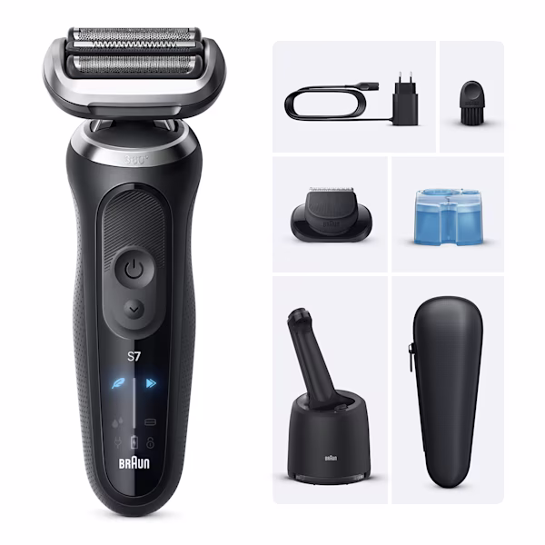 Image of Series 7 N7200cce shaver set with 4in1 SmartCare center, a cartridge and a Precision trimmer attachment. Image of Series 7 N7200cce shaver set with 4in1 SmartCare center, a cartridge and a Precision trimmer attachment.