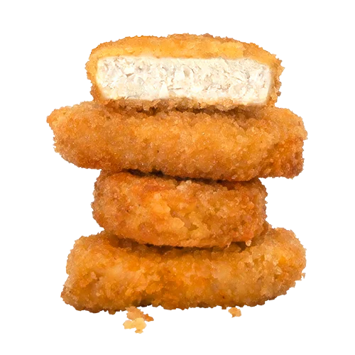 Stack of 4 Impossible chicken nuggets made from plants with the top nugget cut in half