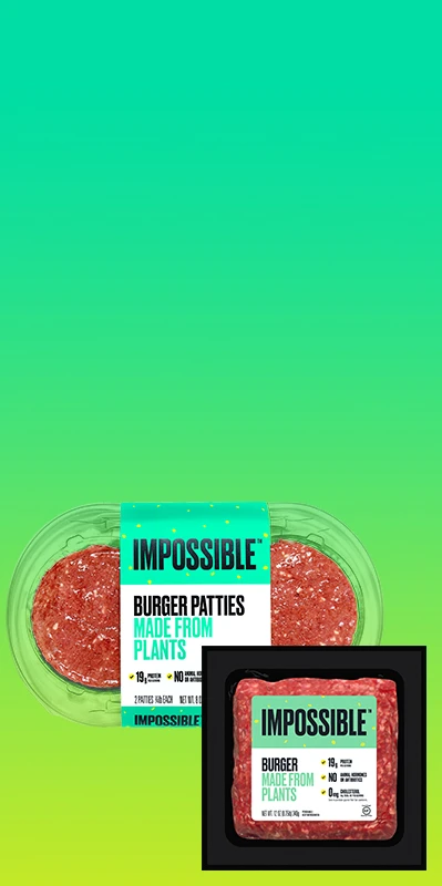 Impossible Burger + Patty SKUs Hero on green background