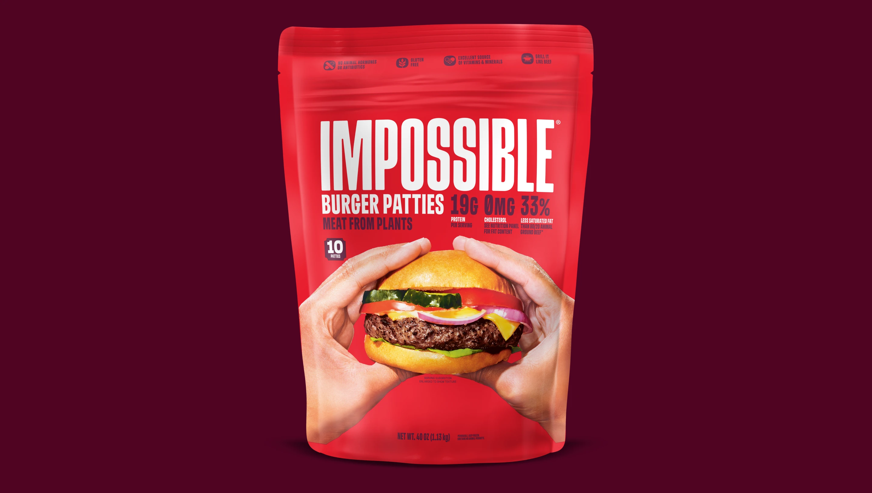 Front of pack of Impossible Beef Patties, 10ct, from plants on a dark background.