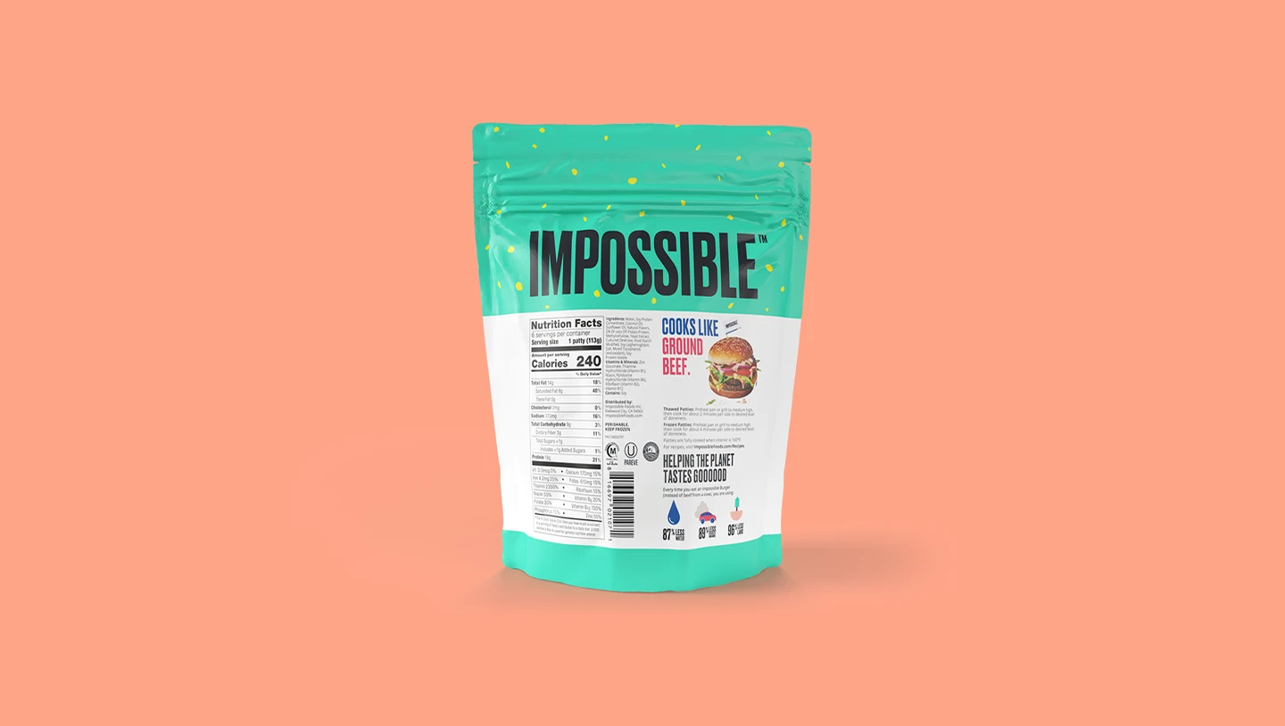 Impossible Burger frozen patties 6 ct package back nutrition information on pink background