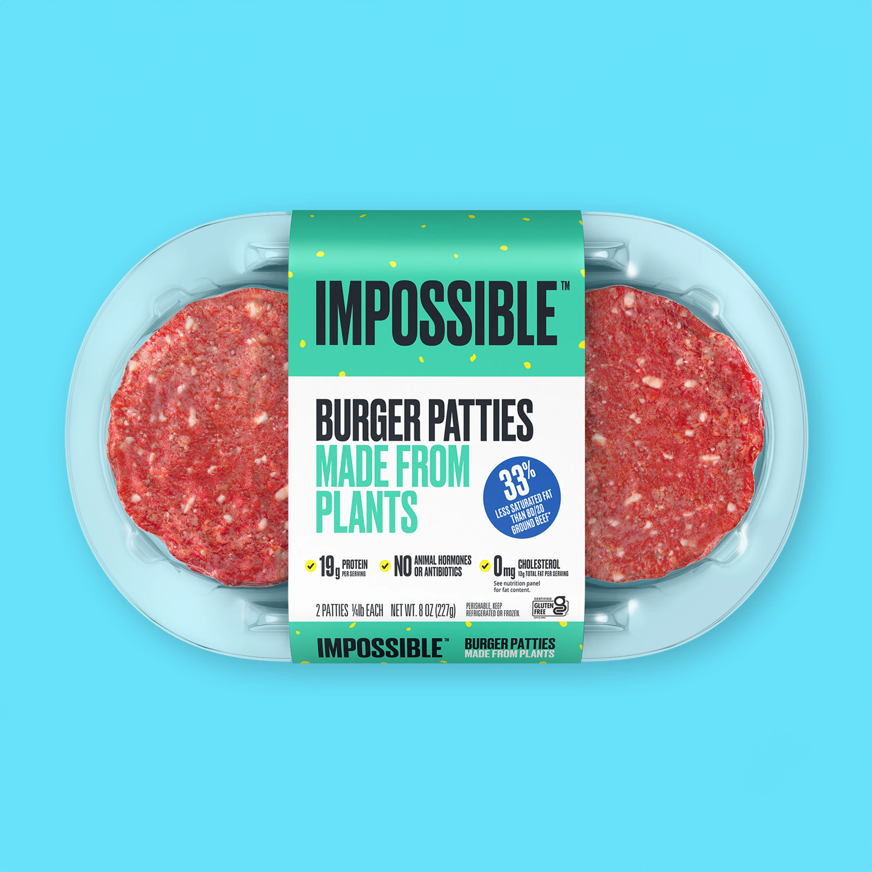impossible foods beef 2 pack beef patties front of pack on blue background