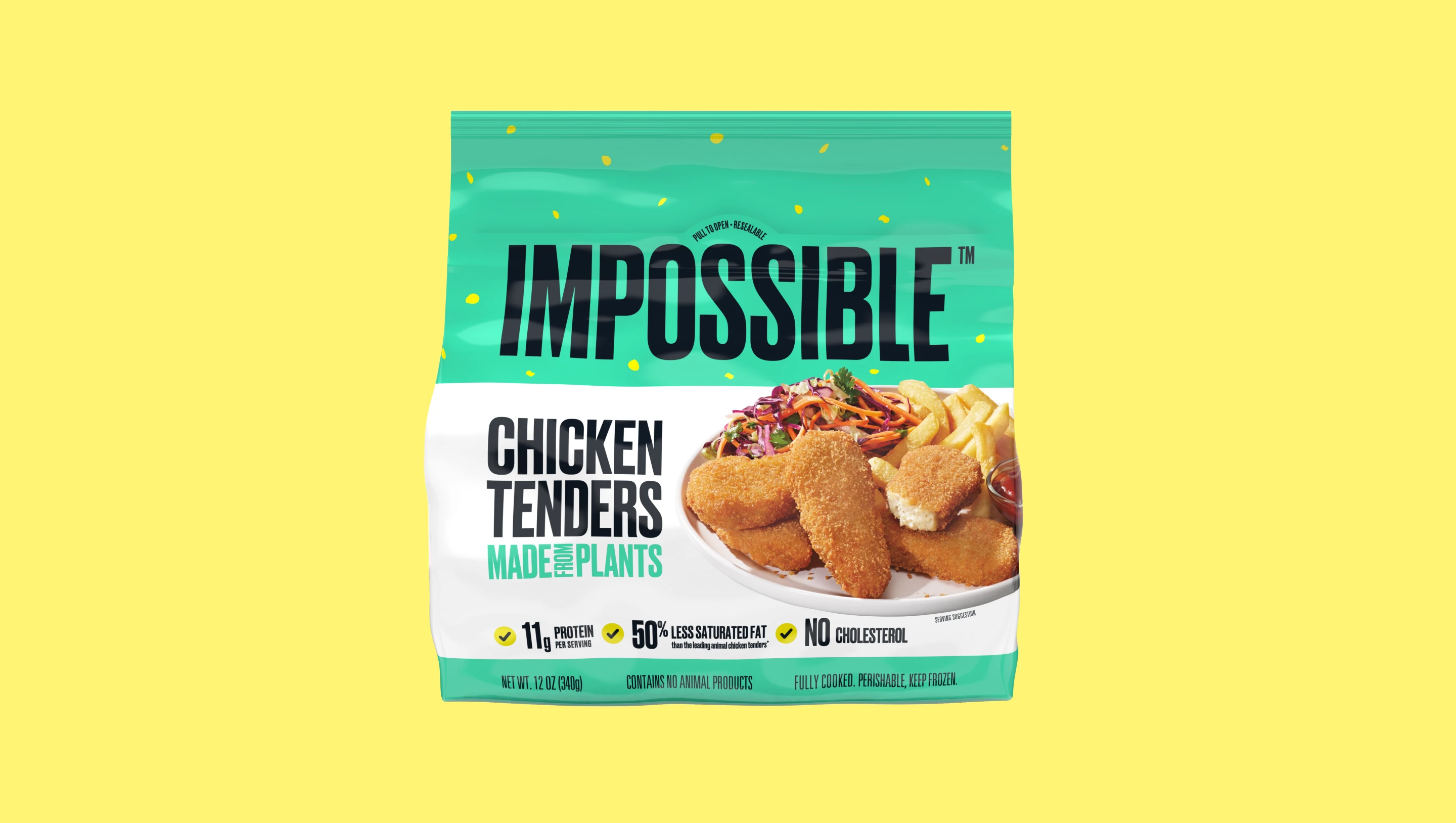 impossible chicken tenders front of packaging on yellow background