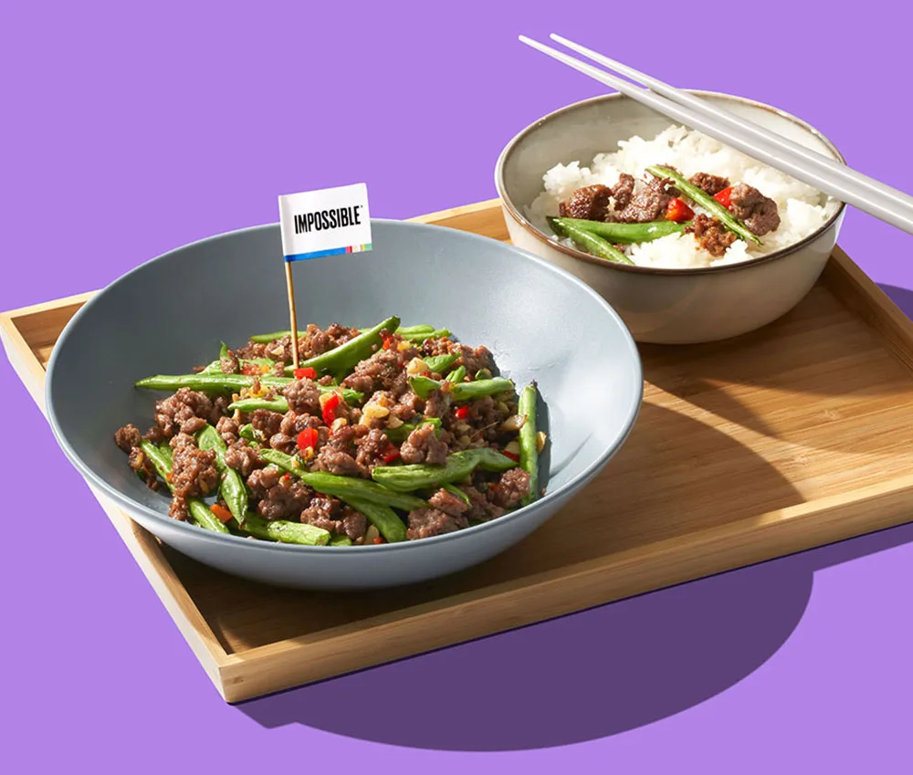Dish of Impossible™ Stir Fried French Beans Recipe made with Impossible™ Burger