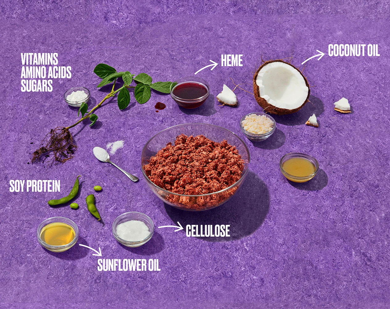 Image of Impossible Beef ingredients including soy protein, heme, coconut oil, sunflower oil, vitamins and cellulose