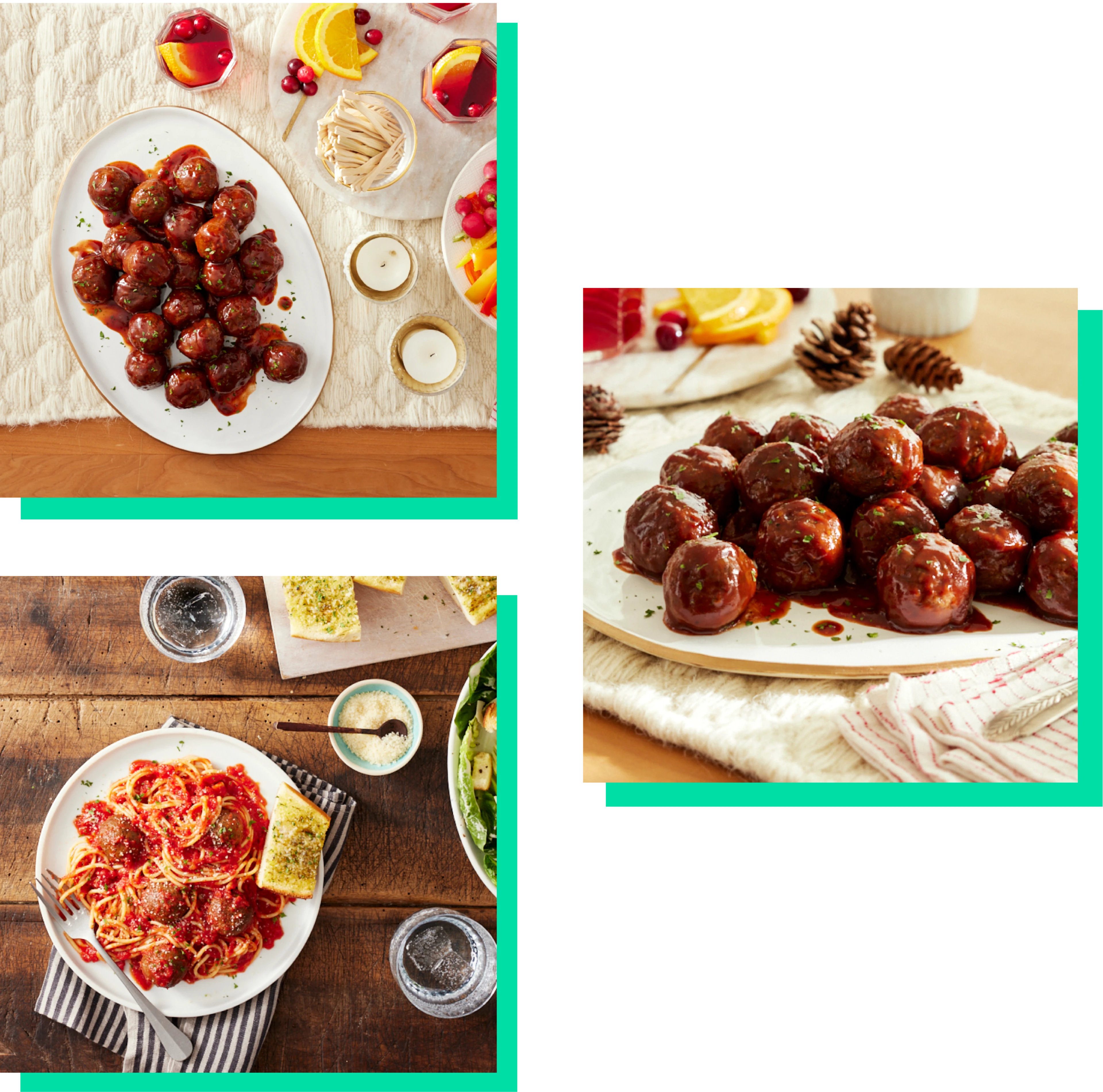 Trio of Impossible meatball images including: plate of meatballs covered in sauce and overhead plate of glazed meatballs and plate of spaghetti and meatballs covered in cheese