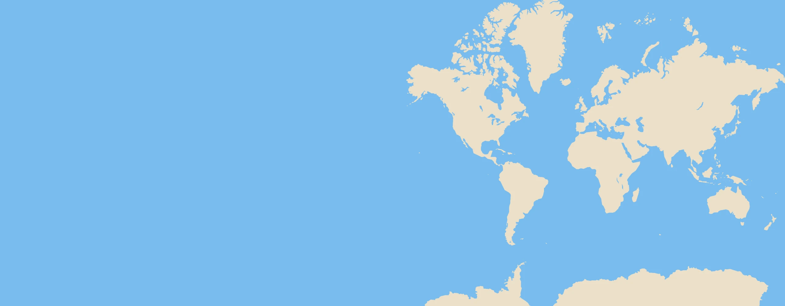 Blue background with a world map on the right in beige. 