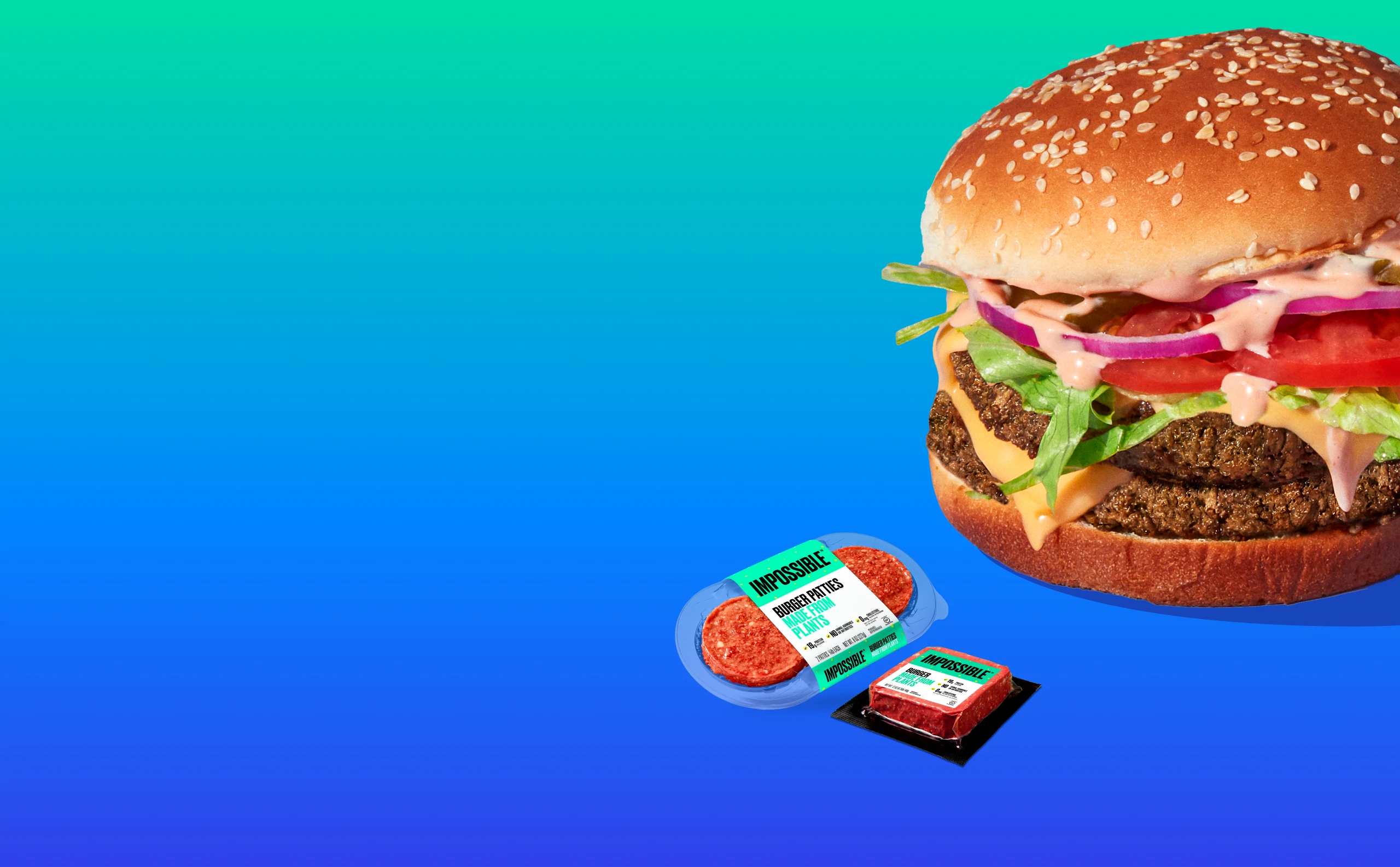 Impossible Burger hero shot, grocery 12 oz pack and patty 2-pack on a green/blue gradient background.