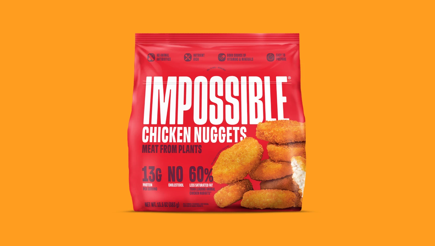 Impossible Foods Chicken Nuggets, meat from plants, front packaging on a dark background.