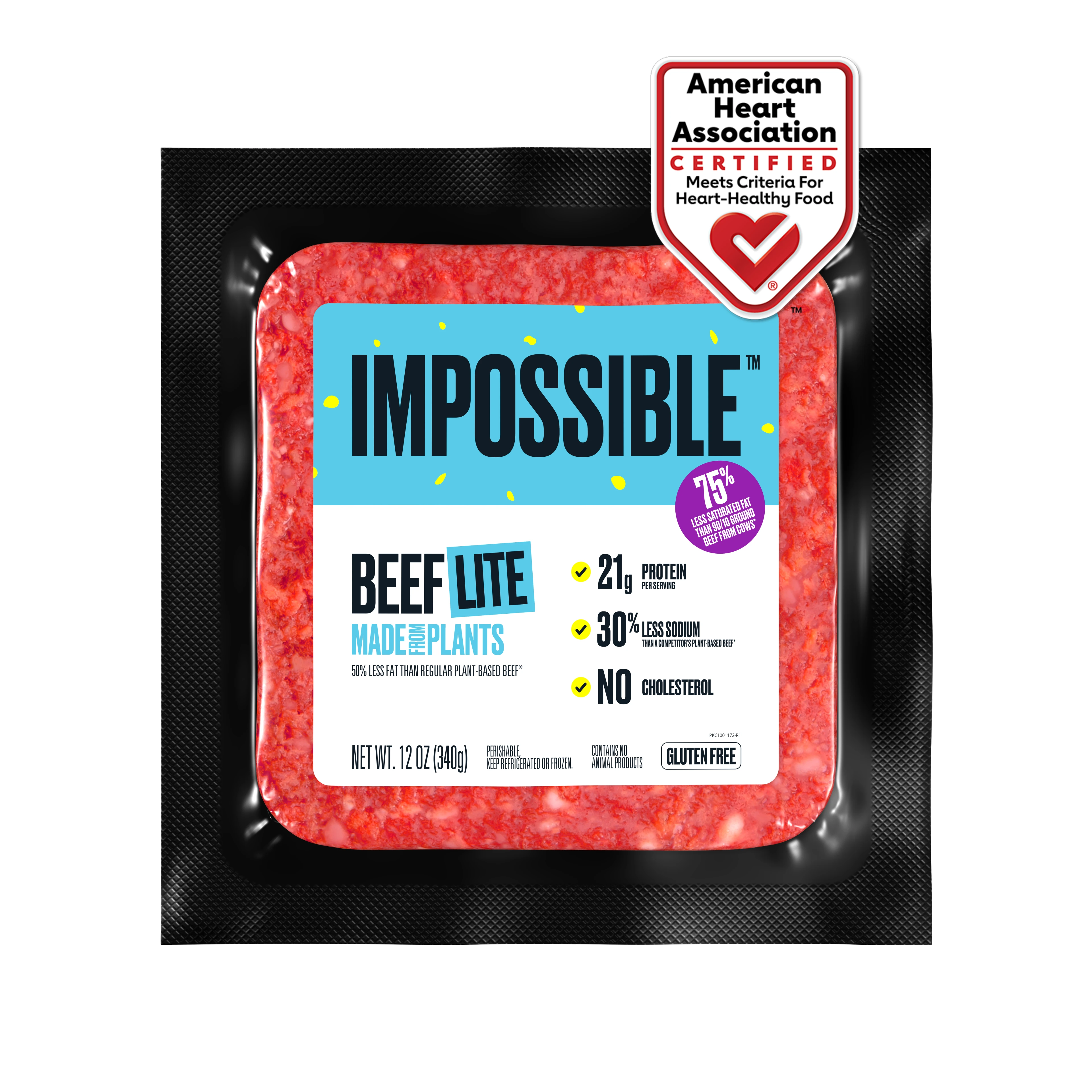 Grocery package of 16oz Impossible Beef Lite made from plants