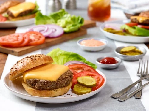 Kosher Burger on table with Lettuce and Tomato Burger Recipes