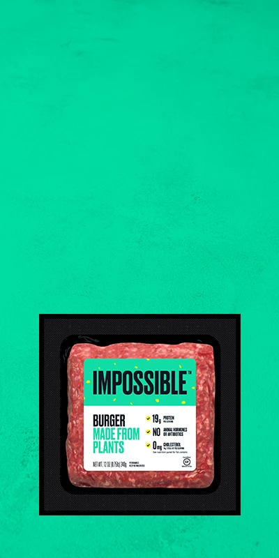Impossible Burger hero image retail grocery desktop logo with green background Plant Based Protein Foods