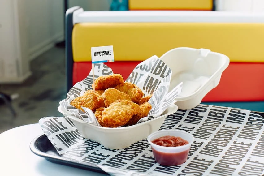 Impossible Chicken Nuggets on a tray with ketchup