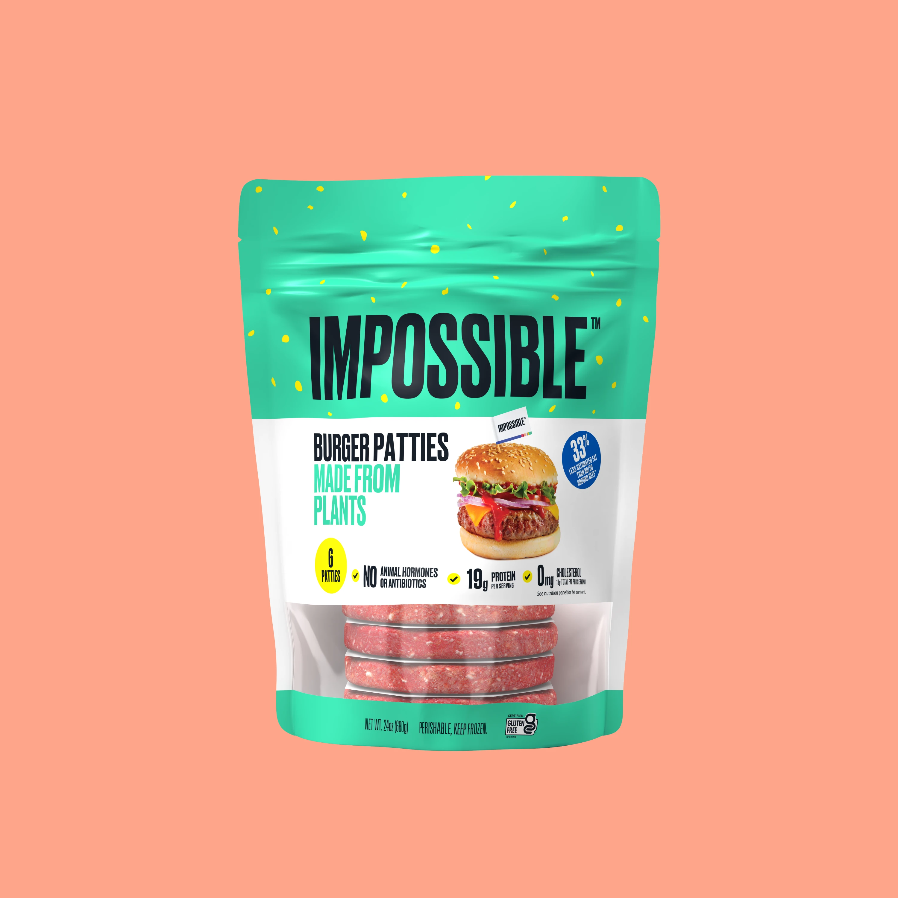 impossible foods 6 count patties front of pack on peach background