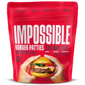 Front of pack shot of the Impossible Burger Patties, 6-pack