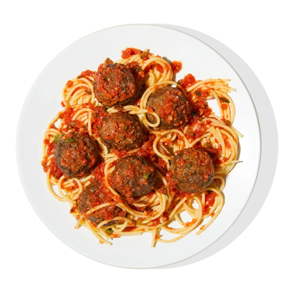 Impossible™ Spaghetti and Meatballs using frozen plant-based meatballs in a rich marinara sauce over pasta.