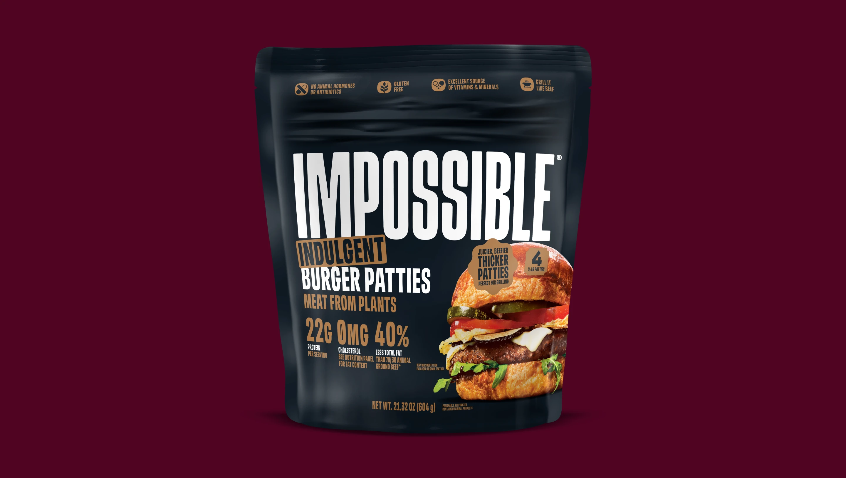 Impossible Indulgent beef patty, frozen, meat from plants front packaging