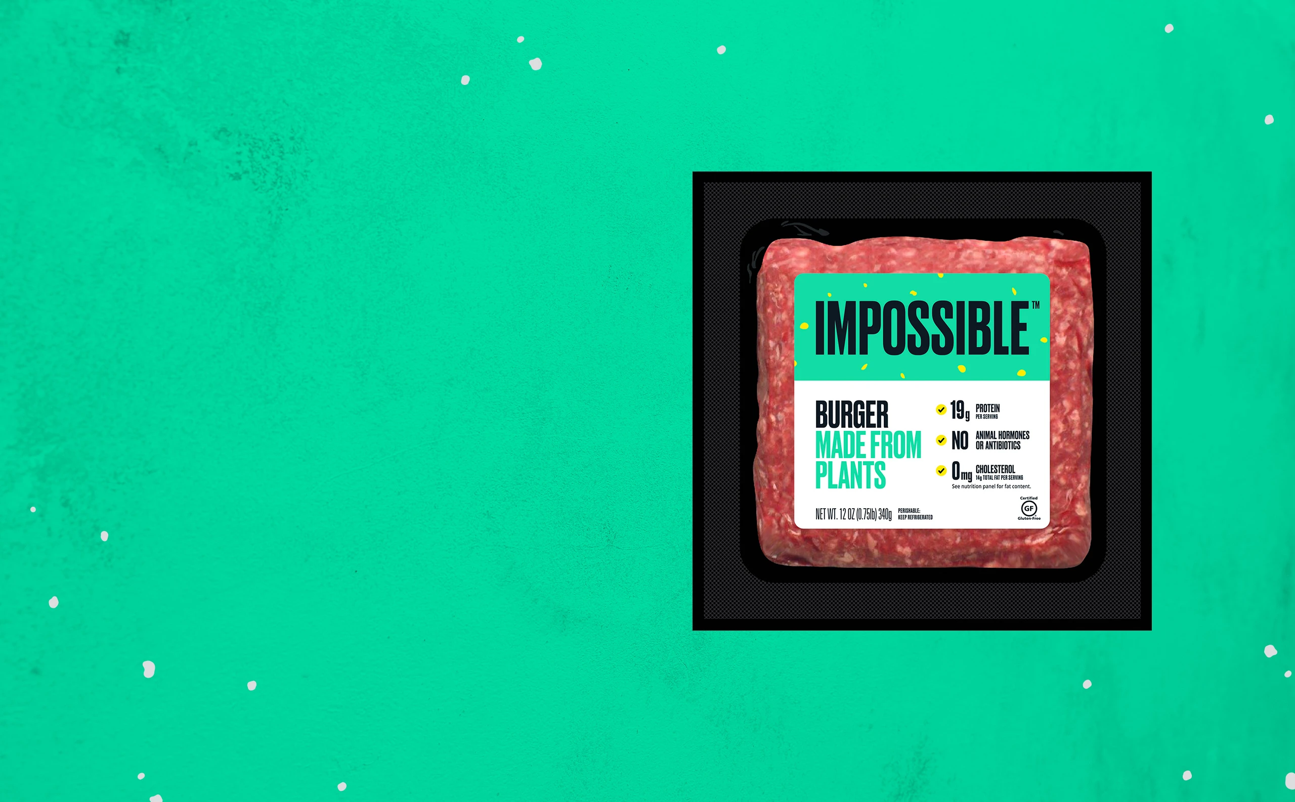 Impossible Burger hero image retail grocery desktop logo with green background Plant Based Protein Foods