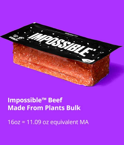 Image of Impossible Beef in a 5lb bulk package for schools displaying the child nutrition food labels for Meat/Meat Alternate Products (M/MA)