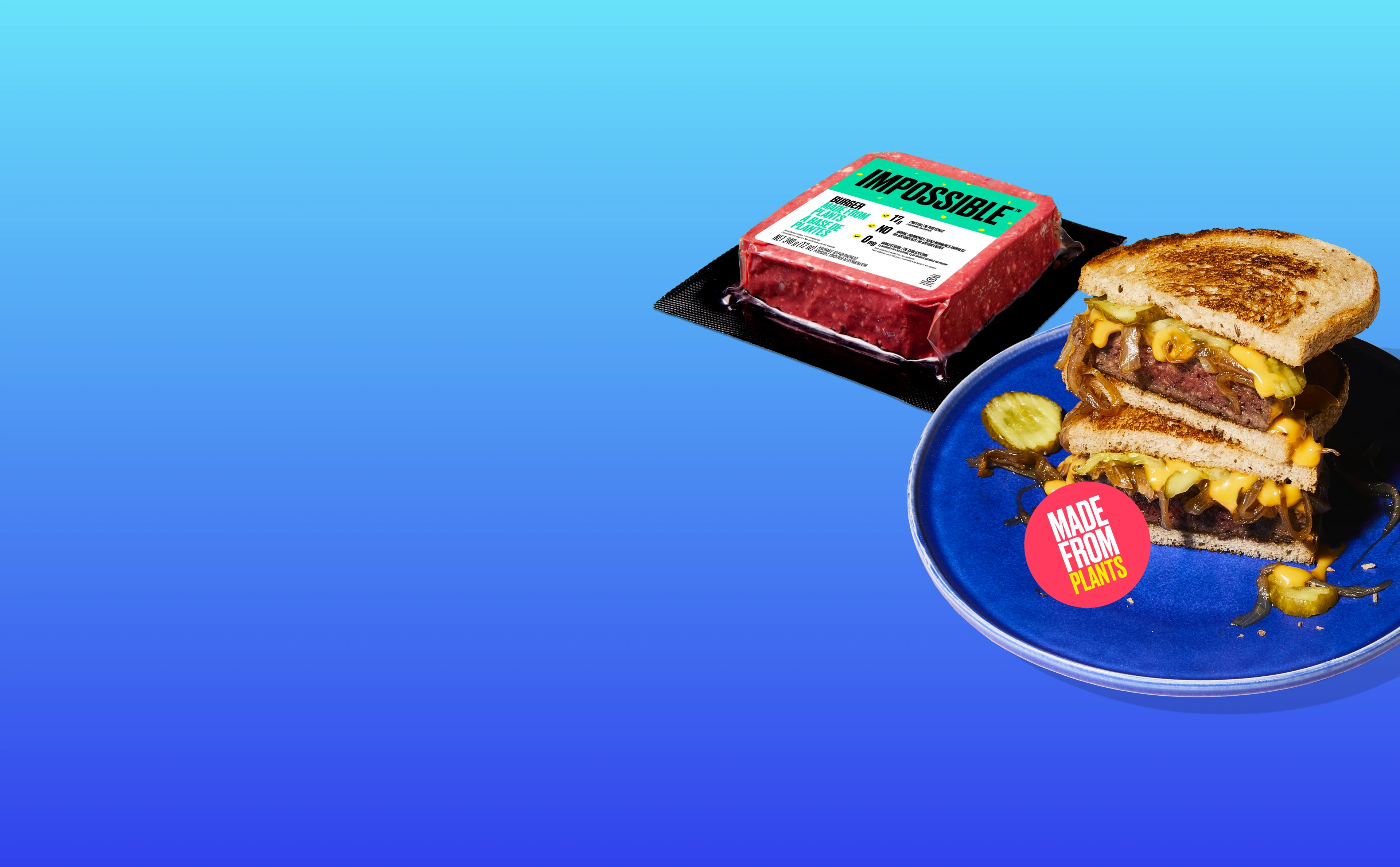 Photo of Impossible Patty Melt and Impossible Burger on blue gradient background