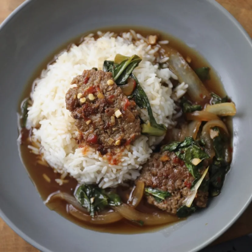 A large bowl of Impossible Beef and Broccoli over steamed white rice. 