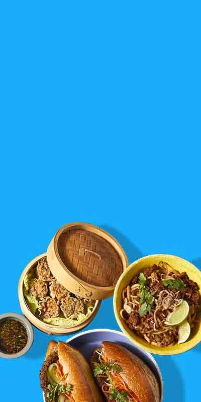Desktop image of three Impossible Pork dishes: banh mi, dumplings, noodles