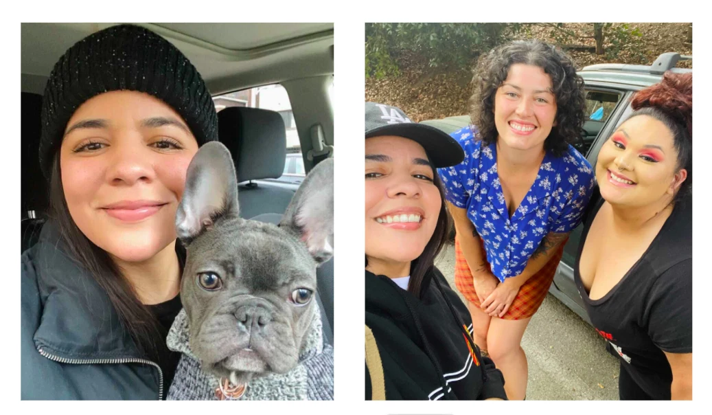 Selfie of Edith Villanueva and her French bulldog, Winnie and image of Edith and friends