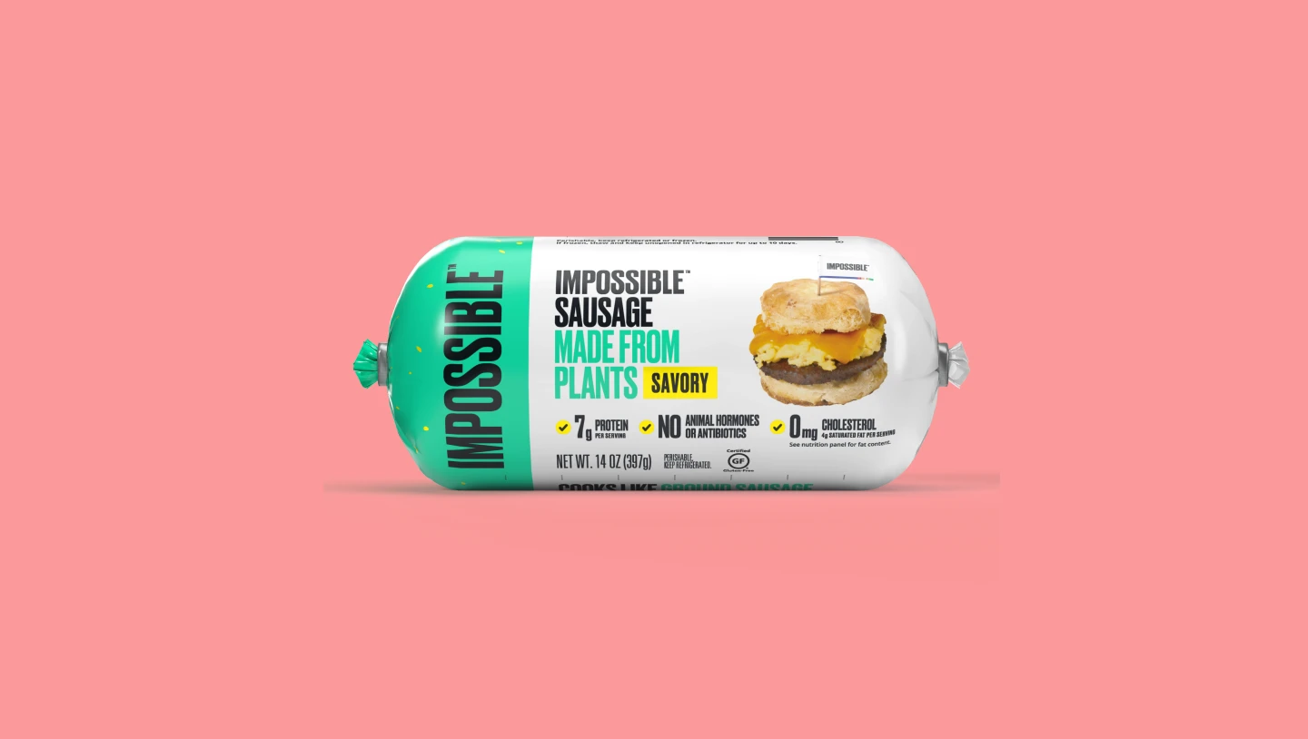 Impossible Sausage savory flavor product packaging with picture of breakfast sandwich on front