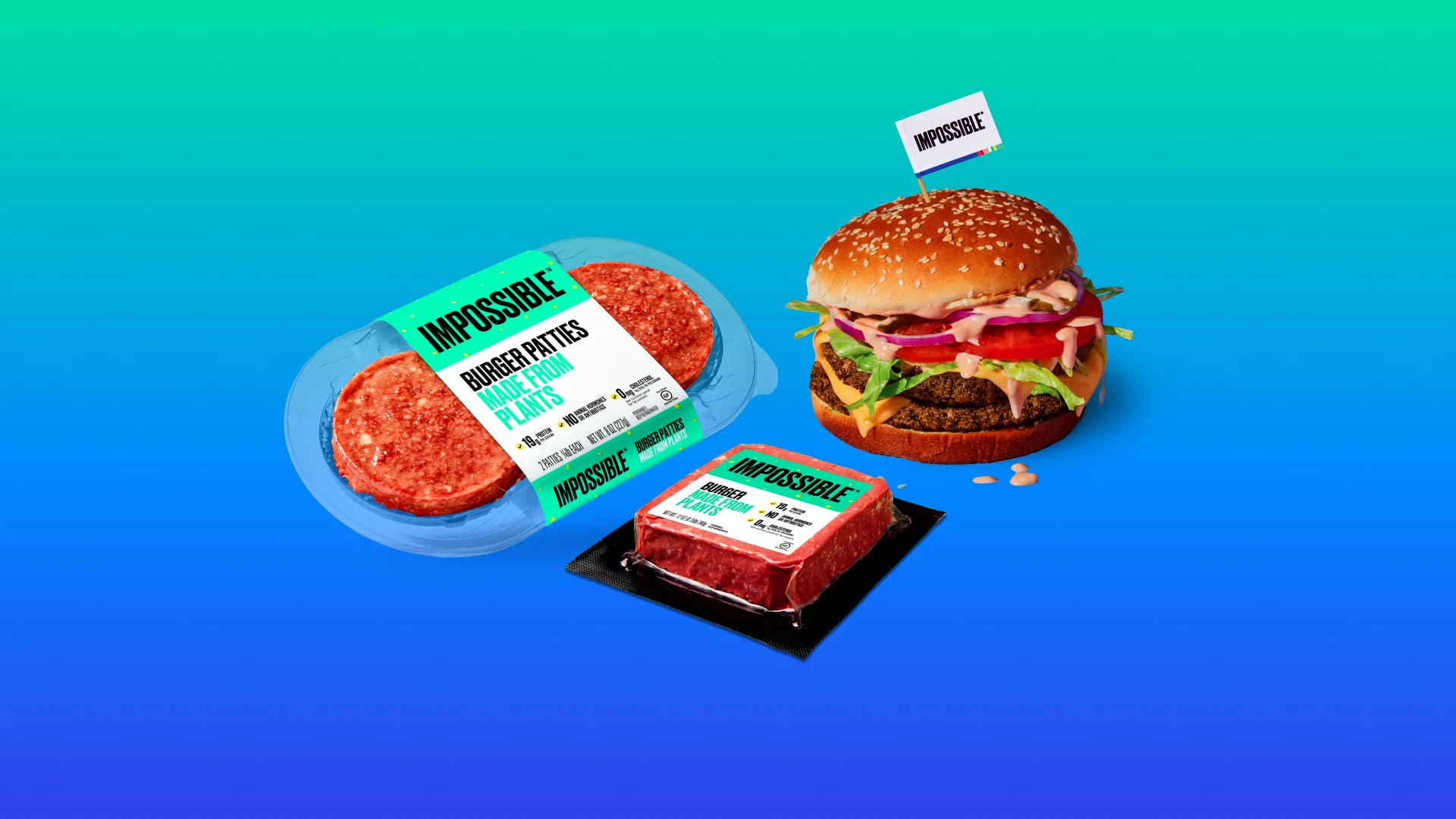 Impossible Burger raw grocery 12 oz brick and patties and cooked burger on blue background