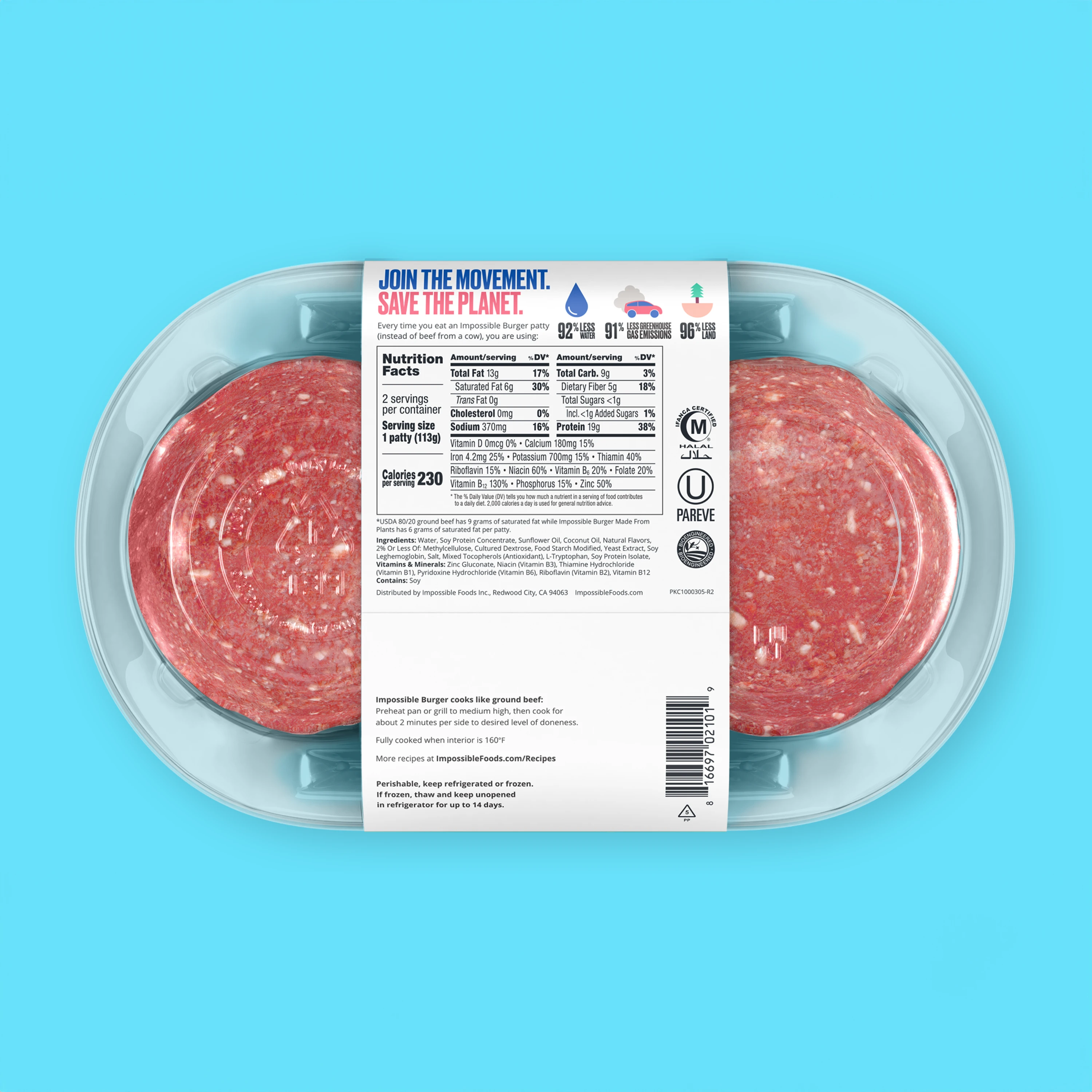 impossible foods beef 2 pack beef patties back of pack on blue background
