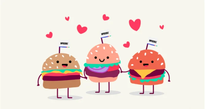 Three Cartoon Burgers Holding Hands with hearts above their heads Food Sustainability