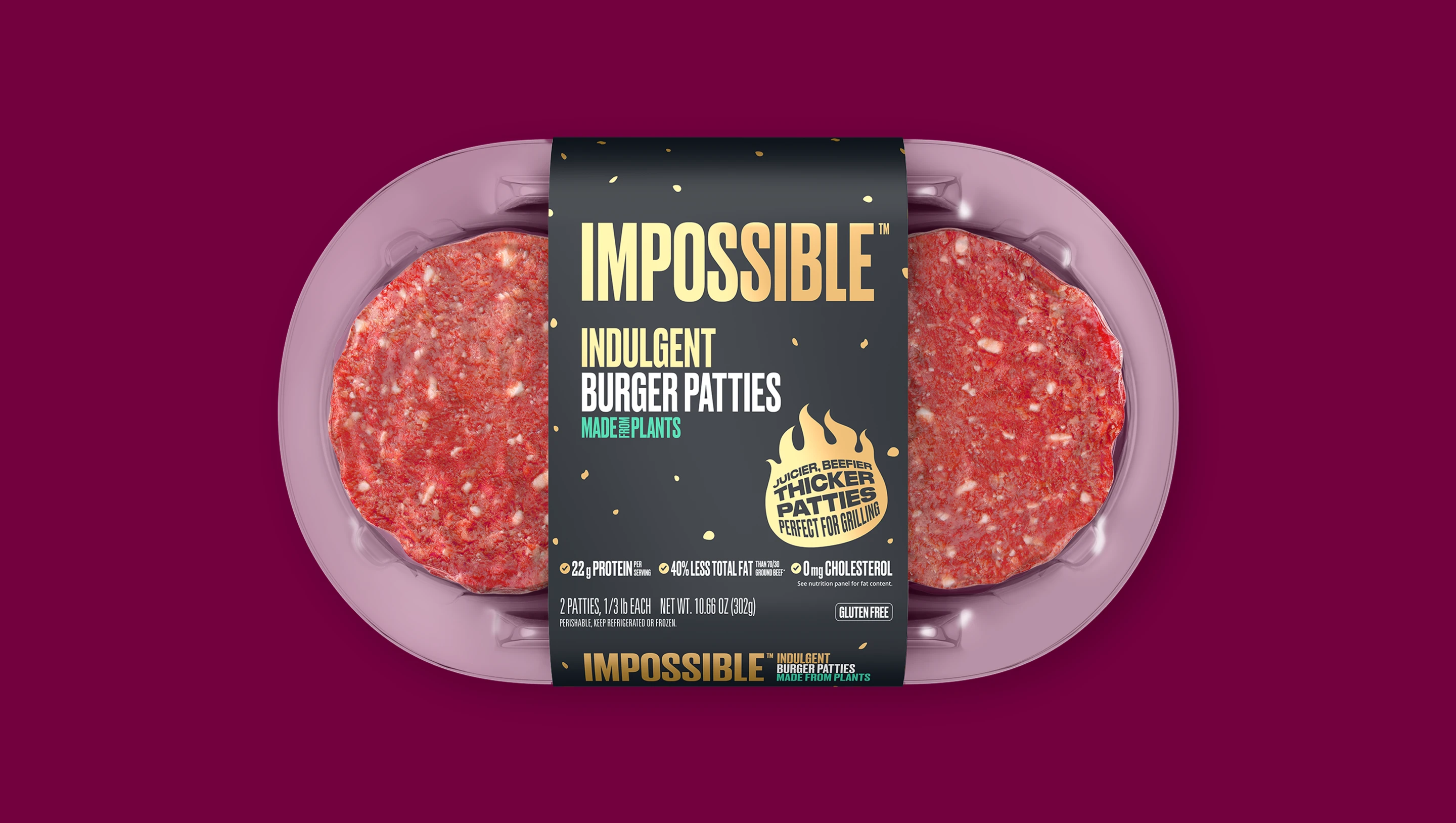 Indulgent burger patty pack, front of product packaging