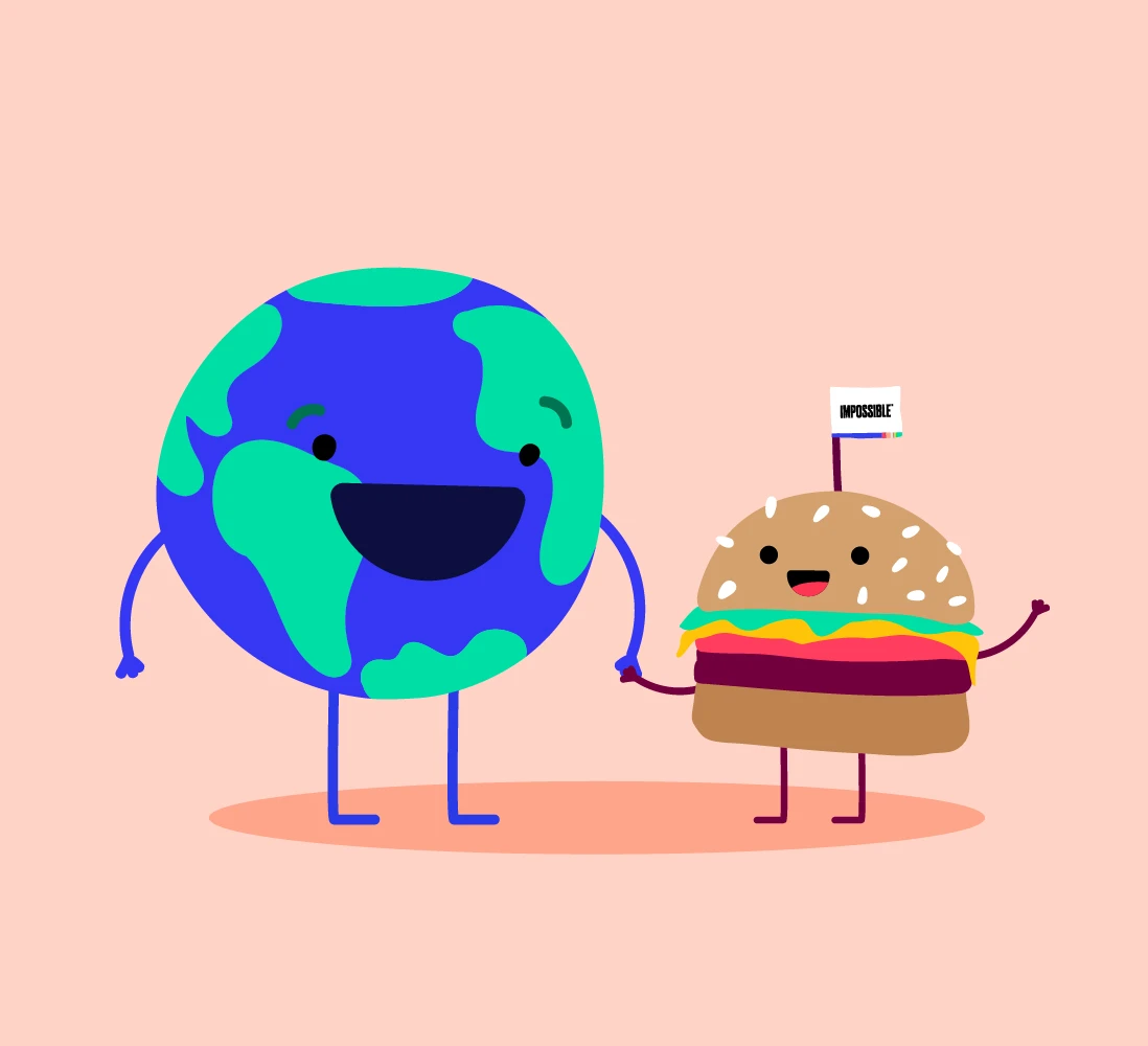 Illustration of Earth and Impossible Burger holding hands on pink background.