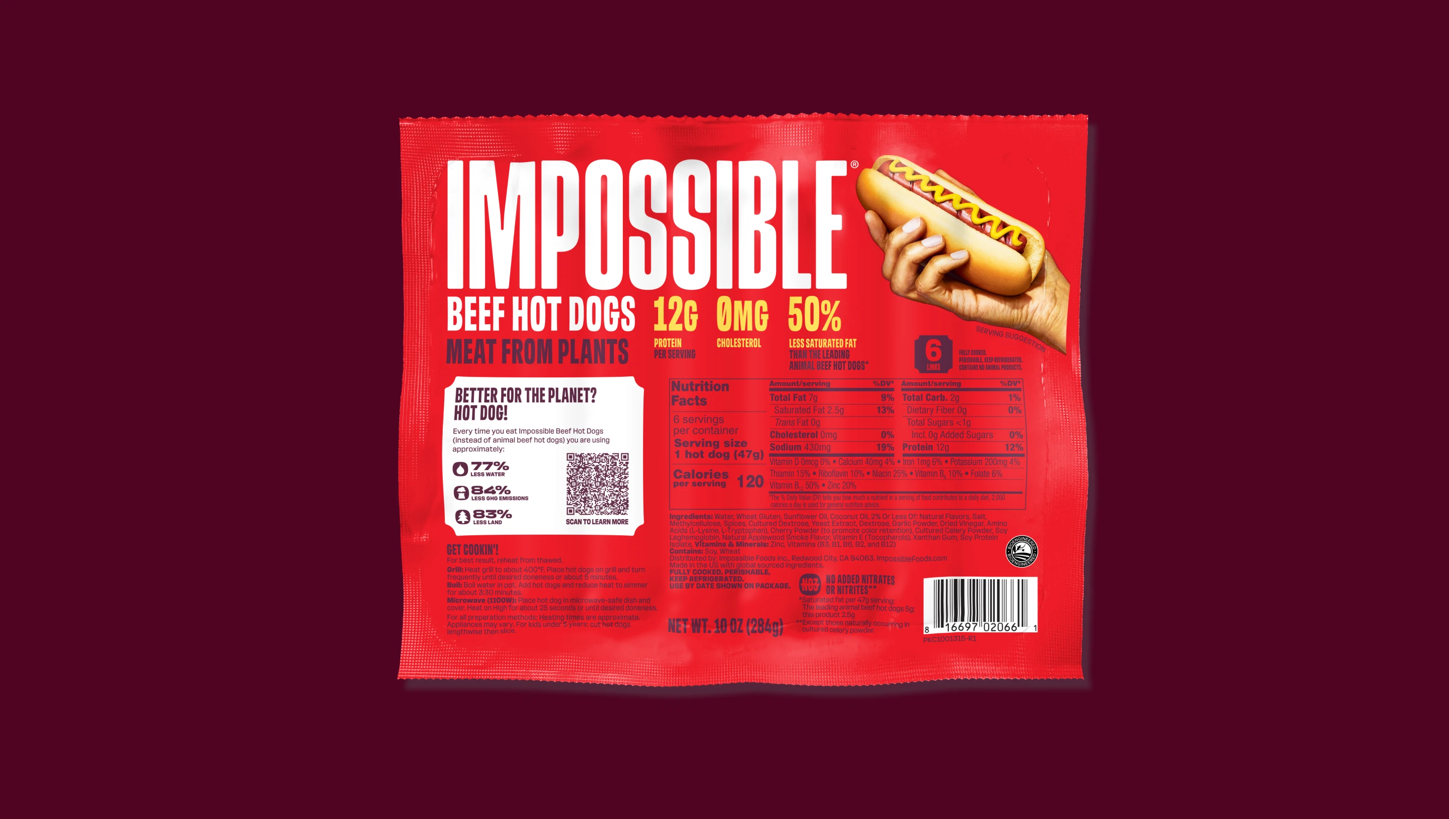 Impossible Beef Hot Dog meat from plants front of package