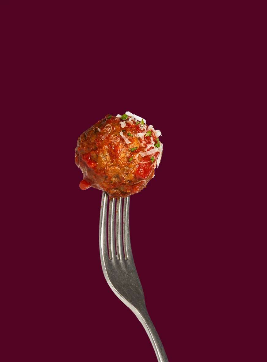 Impossible Meatballs for foodservice showcased on a fork