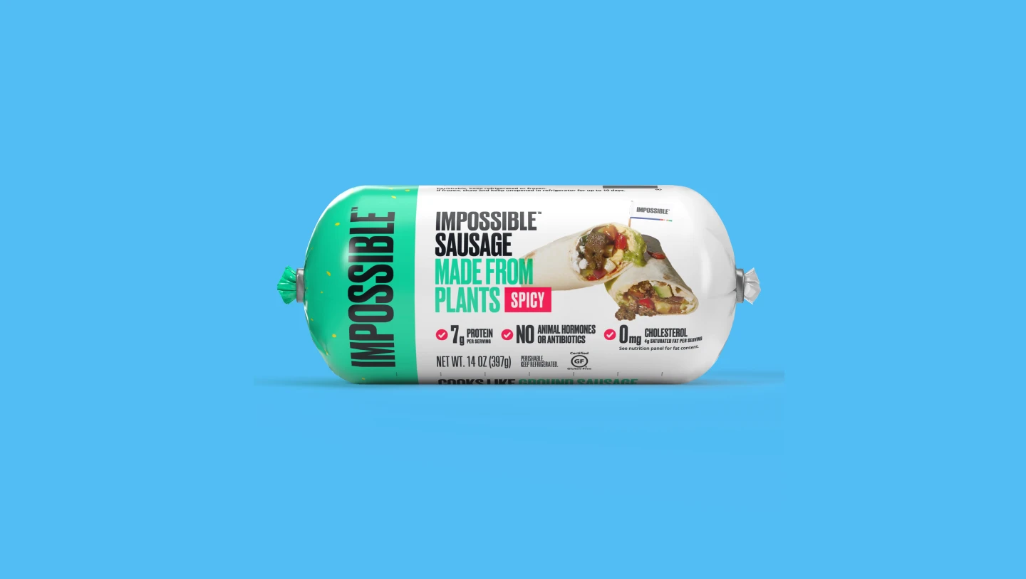 Impossible Sausage Made from Plants spicy flavor 14 oz package including an image of a breakfast burrito
