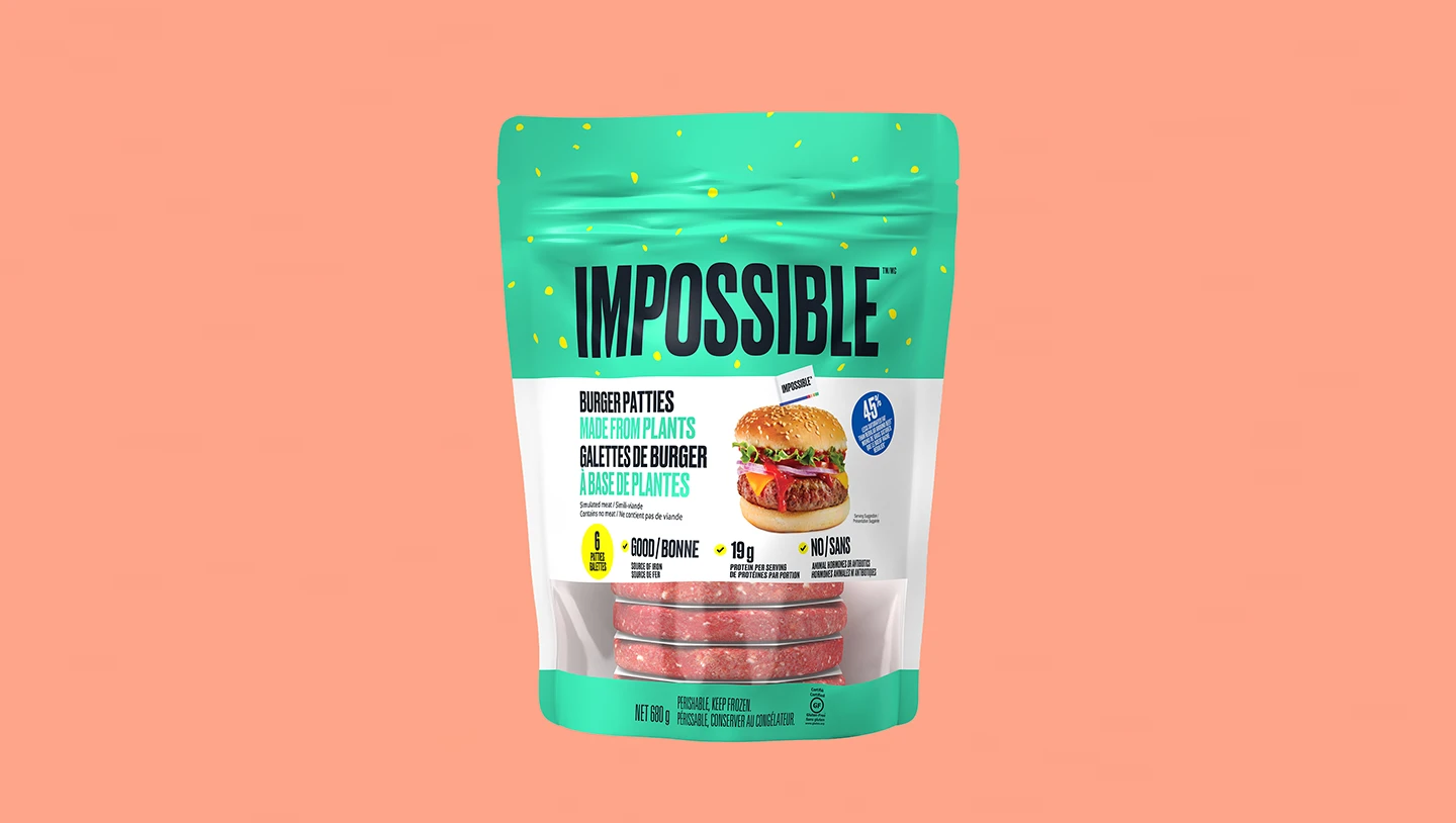 Front of 6 count burger patty package on a peach background