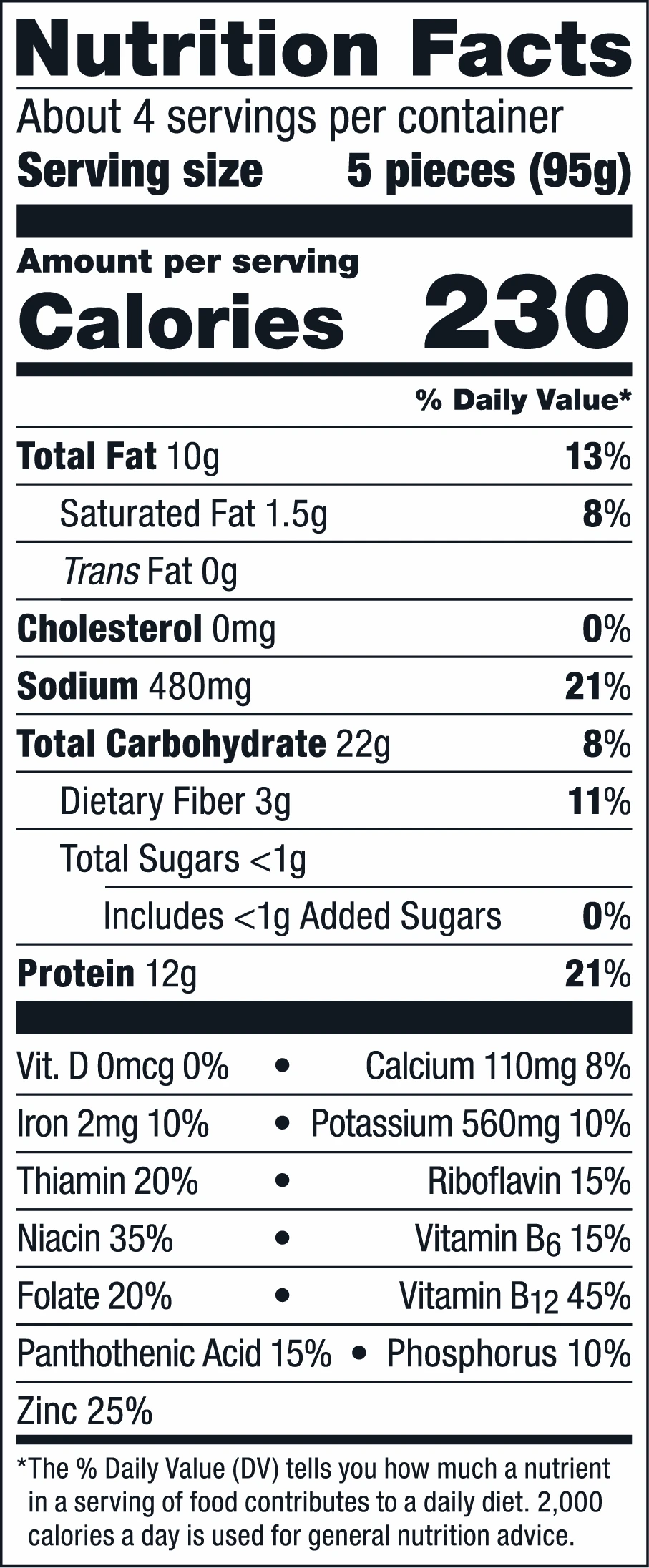 impossible spicy chicken nuggets nutritional fact panel